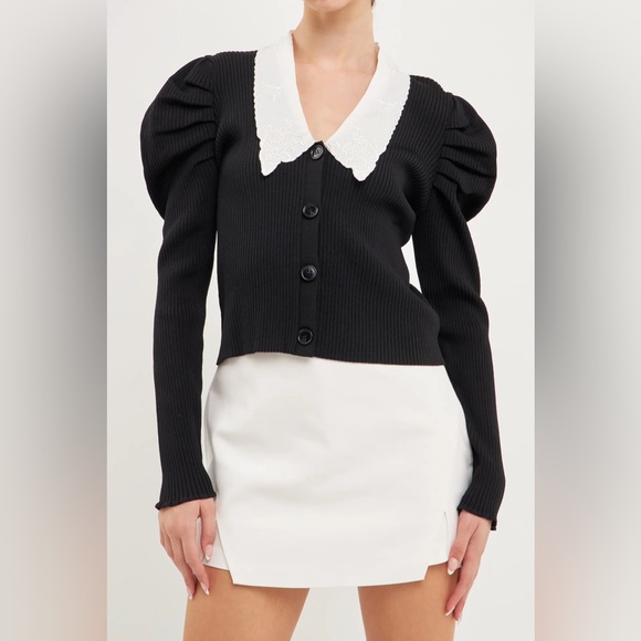 Embroidered Collar Knit Cardigan | Black Collared Cardigan - Picture 1 of 8